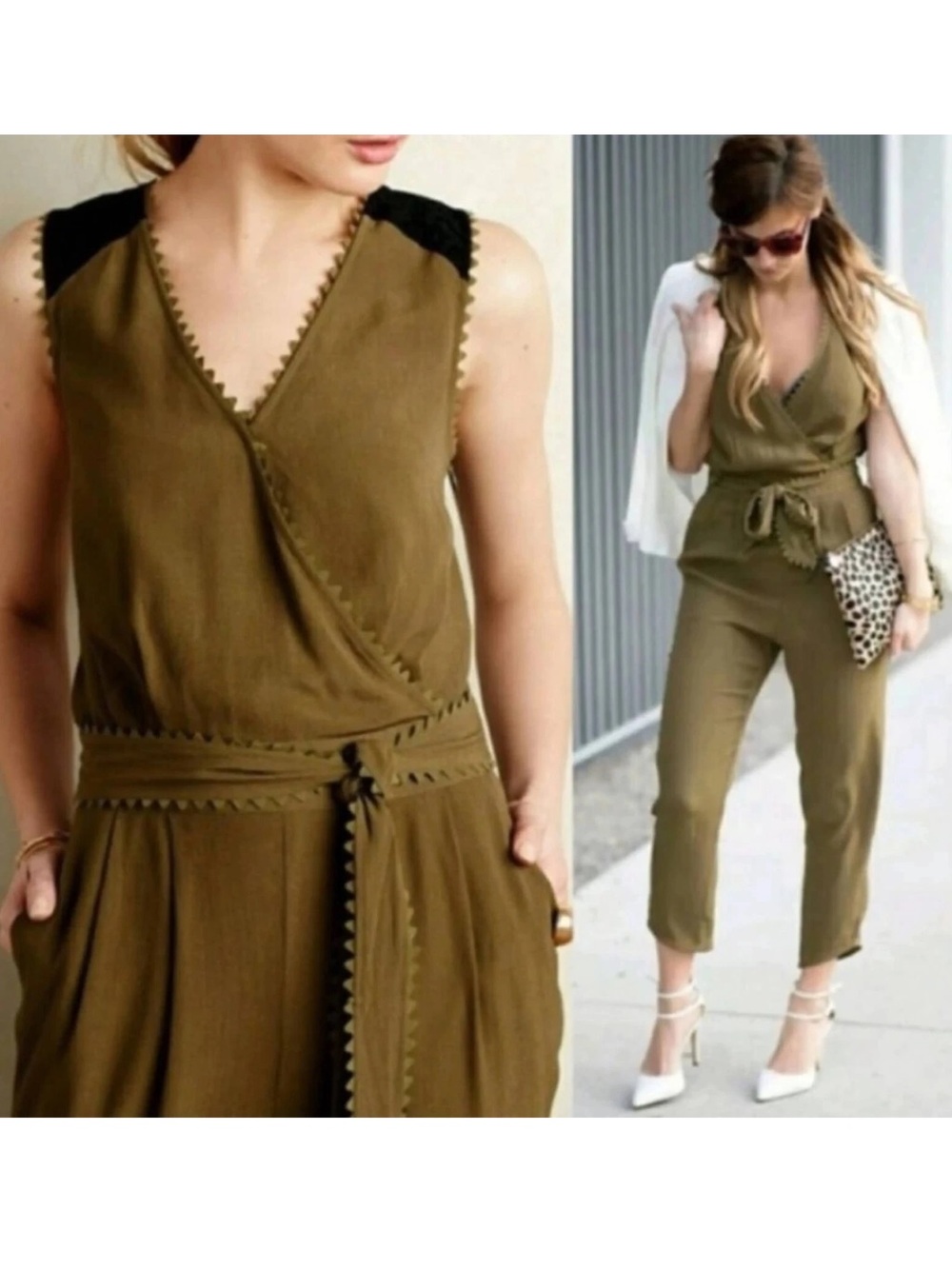 Leifsdottir Anthropologie crepe Sani Lace back green sleeveless jumpsuit size 6